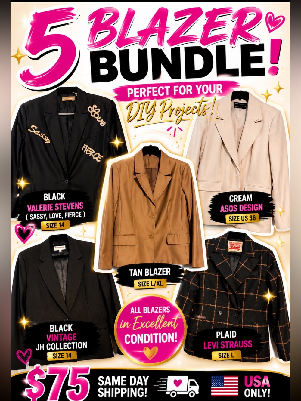 TOP QUALITY “5” Piece Women's Blazer Bundle — Black, Cream, Tan, Plaid